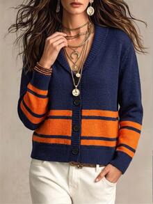 SHEIN Textured Personalized Contrast Color Cardigan Casual Knit Sweater Jacket - Royal Blue - View 7