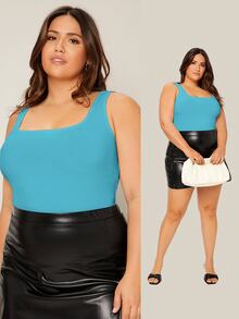 SHEIN BASICS Plus Scoop Neck Solid Tank Top Summer Tops - Mint Blue - View 1
