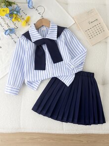 SHEIN Elladie kids 女童藍白棕色襯衫百褶裙兩件套 上衣：直條紋長袖披肩式下擺 高腰迷你裙 校園生日穿搭 - 白色 - 查看 8