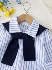 SHEIN Elladie kids 女童藍白棕色襯衫百褶裙兩件套 上衣：直條紋長袖披肩式下擺 高腰迷你裙 校園生日穿搭 - 白色 - 查看 7