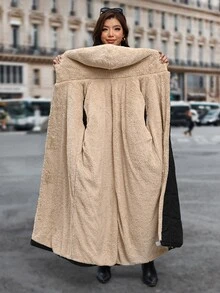 Reflora Plus Size Long Thick Thermal Lined Hooded Padded Coat For Autumn/Winter - Black - View 6