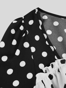 SHEIN Sweetro Plus Size Long Sleeve Black & White Polka Dot Ruffle Hem Cute Dress - Multicolor - View 7