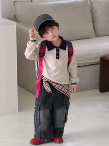 DAZY Infant (Boy) Contrast Color Long Sleeve Sweater With Turn-Down Collar Fall - Apricot - View 8