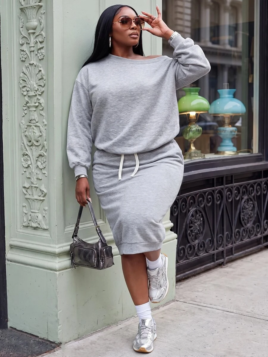 Slaydiva Autumn/Winter Plus Size Grey Asymmetrical Shoulder Loose Drop Shoulder Top And Skirt Set, 2 Pieces Sweatshirt Outfit Fall Formal Vacation Casual Sport