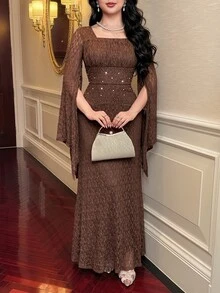 Feyla Women's Square Neck Faux Pearl & Rhinestone Embellished Elegant Party Long Dress - Coffee - View 5