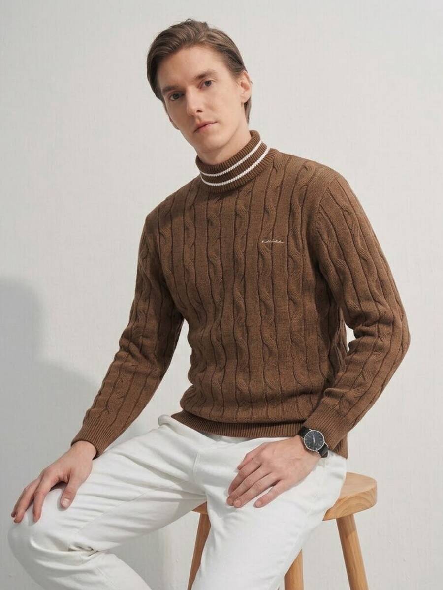 Manfinity CityGents Sweater Rajut Kasual Lengan Panjang Kerah Tinggi Bergaris untuk Pria - Coffee Brown - View 1