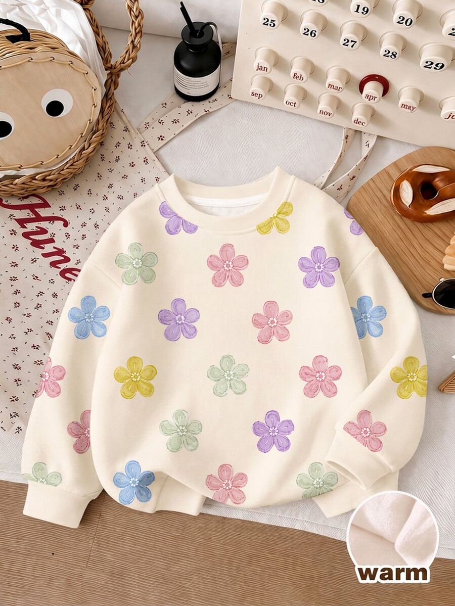 Cream White, Sweet Colorful Cream Flower Pattern, Tween Girls' Casual Minimalist Thick Soft Comfortable Crew Neck Pullover Sweatshirt Suitable For Autumn/Winter Daily Wear - Multicolor - View 1