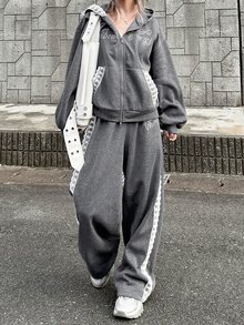 FRIFUL Setelan 2 Potong Wanita: Sweatshirt Lengan Panjang Berkerudung Berpayet dan Celana Patchwork Renda untuk Musim Gugur - Grey - View 1