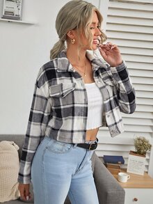 SHEIN Holidaya 女款格紋落肩長袖單排扣休閒夾克 - 黑與白 - 查看 4