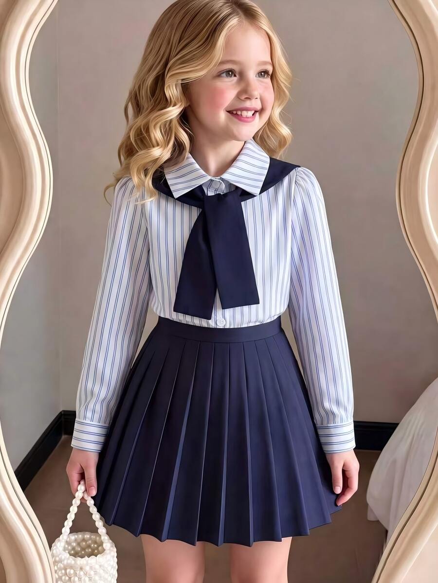 SHEIN Elladie kids 女童藍白棕色襯衫百褶裙兩件套 上衣:直條紋長袖披肩式下擺 高腰迷你裙 校園生日穿搭 - 白色 - 查看 1