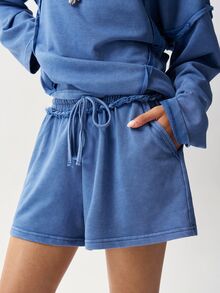 Bohemela Women's Solid Color Crew Neck Drop Shoulder Long Sleeve T-Shirt And Shorts Casual 2 Pieces Set - Blue - View 5