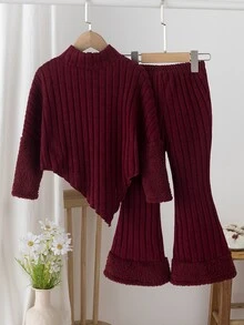 SHEIN Elladie kids 少女款紅色羅紋高領兩件套，高領長袖不對稱上衣配紅色人造毛飾袖口，搭配羅紋喇叭褲，秋冬款 - 紅色 - 查看 2