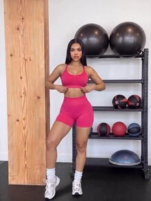 SHEIN Dewbera Seamless Yoga Sports Set With Removable Padded Cups - Hot Pink - View 3