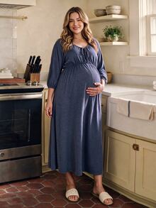 SHEIN Blue Plus Size Maternity Loungewear Dress, Casual Spring/Autumn V-Neck Drawstring Ruched Comfortable Slimming - Blue - View 6