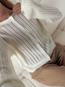 DAZY Solid Color Loose Hollow Long Sleeve Round Neck Casual French Vacation Korean Style Elegant Fall Knit Cardigan For Women Brunch Cream White - White - View 7