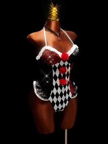 Amplova Women's Sexy Bodysuit With Side Lace Patchwork, Halloween Clown Cosplay Costume, Avant-Garde - Red and White - View 8