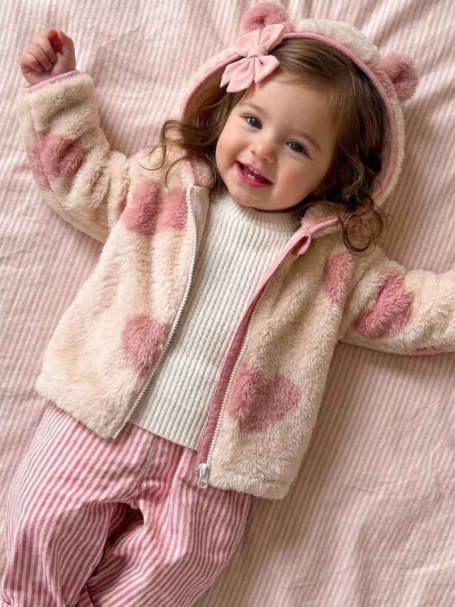 Cozy Pixies Baby Girl 3D Ear Coral Fleece Thick Heart Pattern Hooded Long Sleeve Winter Jacket - Multicolor - View 1
