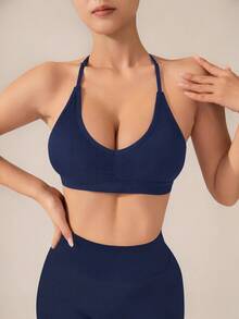 Slayform Slayform Women's Solid Color Halter Neck Daily Fitness Sports Bra (Seamless) - Navy Blue - View 5