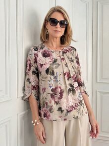 Miaspire Blus för medelålders kvinnor med blommönster, plisserad design och 3/4-ärm - Multifärgad - Visa 3