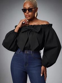SHEIN Lunessa Off-Shoulder Front Bowknot Strap Fashion Top - Black - View 3