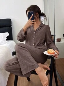 SHEIN 女款寬鬆休閒舒適針織翻領長袖長褲睡衣套裝 - 棕色 - 查看 3