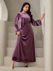 Veilorie 女款純色圓領長袖優雅派對場合洋裝 - 紫色 - 查看 7