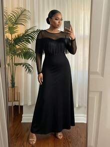 SHEIN Lady CURVE Plus Size Women's Mesh Patchwork Casual Party Dress - Black - View 6