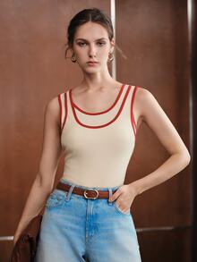Anewsta Women's Contrast Color Double Layer Design Knit Top, Elegant Casual Versatile Slim Fit Fashion Vest - Apricot - View 4
