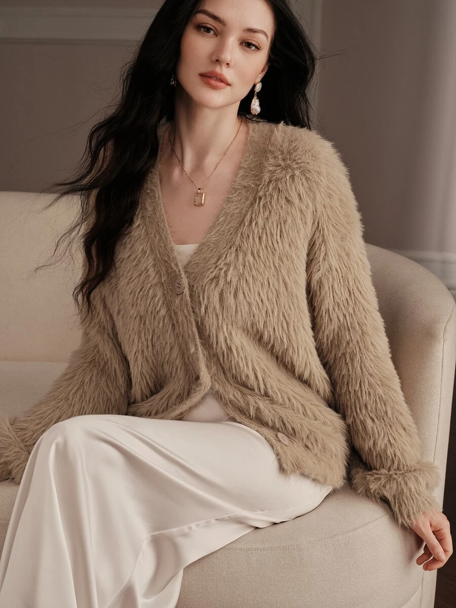 Anewsta Women's Brown Plush Comfortable Knit Cardigan Top For Autumn - Camel - View 1