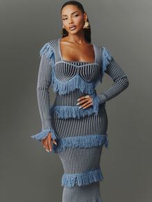 NYA SZN Gaun Rajut Elegan Pas Badan Wanita dengan Motif Garis-Garis, Leher Persegi, Lengan Panjang, Patchwork, Lapisan Ganda, dan Rumbai - Biru - View 4