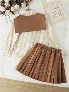 SHEIN Young Girls' Striped Shirt And Pleated Skirt 2 Pieces Set, Suitable For Daily School, Performance, Party, Travel, Visiting Friends And Family - Brown - View 3