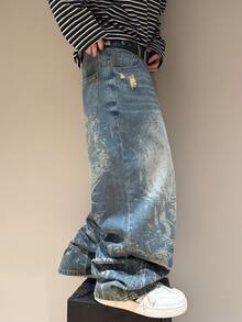 STEELVANCE Street Style Vintage Fashion Versatile Distressed Washed Cat Whisker Ripped Frayed Laser Print Design Loose Straight Leg Wide Leg Casual Everyday Plus Size Denim Jeans (Belt And Accessories Not Included) - Blue - View 4