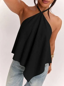 SHEIN BAE Women's Solid Color Casual Versatile Daily Wear Halter Neck Top - Black - View 3