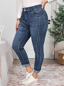 EMERY ROSE Plus Size Women's High-Rise Double-Button Stretch Skinny Jeans For Women, Dark-Wash Cuffed Ankle Denim,Halloween,Christmas,New Year,Elegant ,Concert - Blue - View 9