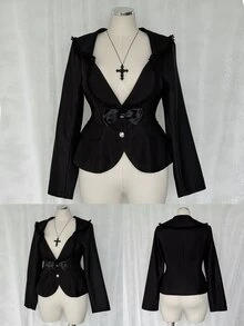 Sunspun Plus Size Autumn Long Sleeve Black Vintage Style Ruffle Trim Blazer Halloween - Black - View 4