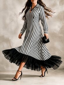 GlowEve CURVE Gaun Kasual Modis untuk Liburan, Gaya Prancis Vintage, Elegan, Cocok untuk Perjalanan, Motif Garis Hitam Putih, Jala, dan Patchwork, Cocok untuk Musim Gugur. - Hitam - View 3