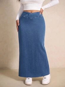 GalTyme Plus Size Criss-Cross Waist Fashion Denim Maxi Skirt - Blue - View 3