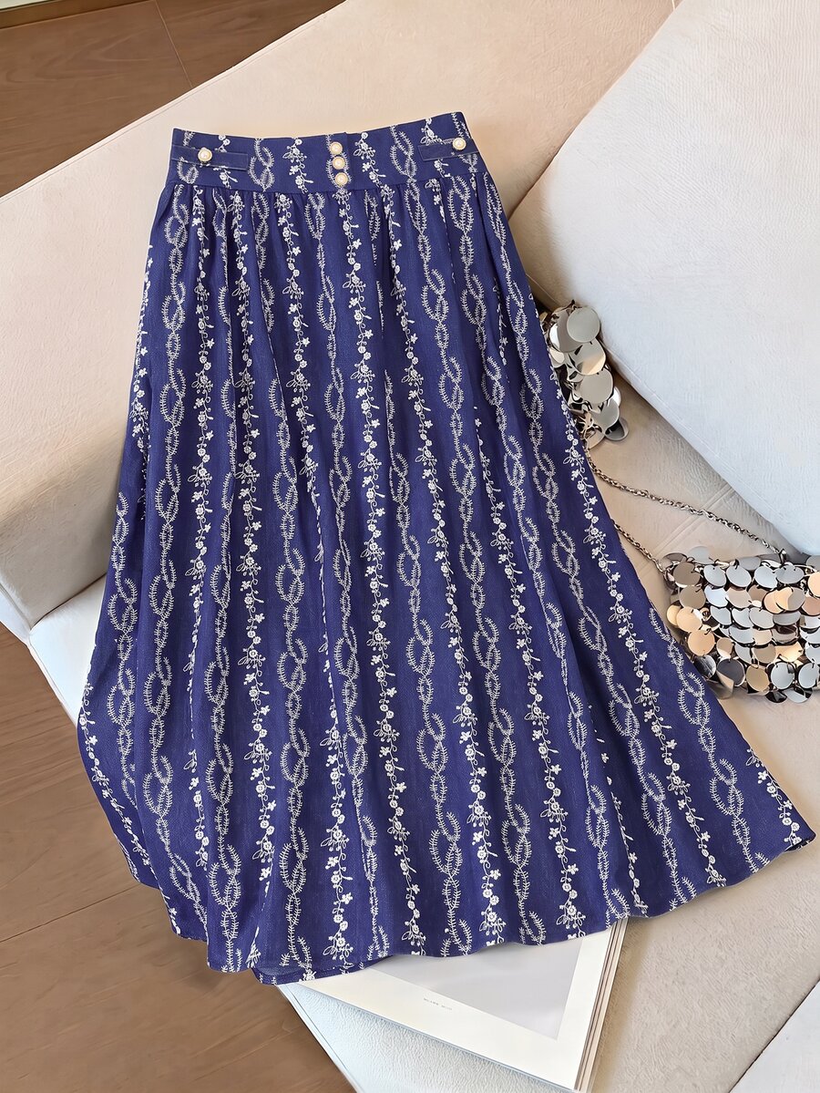 Modelyn Autumn/Winter Elegant Waist-Cinching Versatile Casual Button Patchwork A-Line Embossed Pleated Plus Size Women's Skirt - Multicolor - View 1