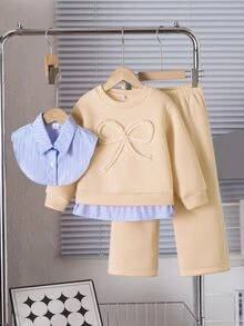 SHEIN 女童運動衫與運動長褲套裝，2合1條紋布料拼接運動衫，3D蝴蝶結裝飾，休閒時尚，適合秋季、上學、7歲生日 - 卡其色 - 查看 8