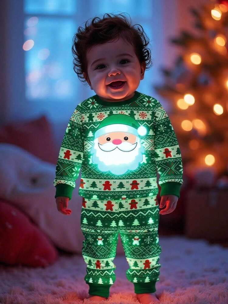 Kids Unisex Young Boy/Girl, 2pcs Autumn/Winter Cute Green Christmas Snug Fit, Toddler Pajama Set Snug Fit 2 Pieces Set - Dark Green - View 1