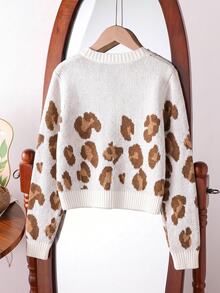 Girls' Vintage Leopard Print Bow Knitted Cardigan, Autumn Big Tween Girl Round Neck Single-Breasted Sweater Top - White - View 2