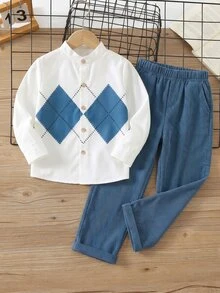 SHEIN 兒童小男孩學院風刺繡標誌立領長袖襯衫/長褲套裝 - 彩色 - 查看 4