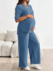 SHEIN 孕婦度假休閒純色襯衫與長褲兩件套 秋季 - 霧霾藍 - 查看 3