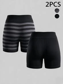 SHEIN Velisys 2pcs/Set Women's Slim Fit Sports Athletic Low Waisted Boxer Briefs Gym Sports Black Summer - Multicolor - View 2