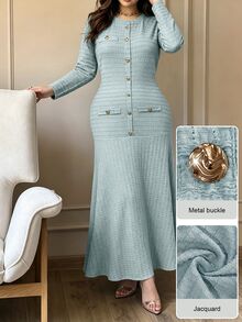 Modelyn Women's Long Autumn Round Neck Metal Button Long Sleeve Jacquard Plus Size Elegant Party Dress - Blue - View 5