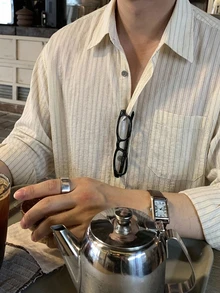 DAZY 休閒通勤長袖條紋男士襯衫 - 白色 - 查看 8