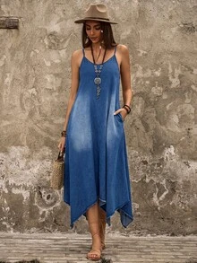 EMERY ROSE Gaun Denim Wanita Kasual dengan Hem Asimetris, Saku, dan Tali Bahu untuk Liburan - Royal Blue - View 4