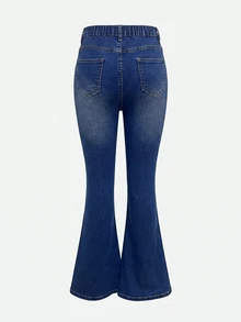 SHEIN Teen Girls Shiny Heart Rhinestone Dark Blue Denim Stretch Skinny Flare Jeans - Medium Wash - View 4