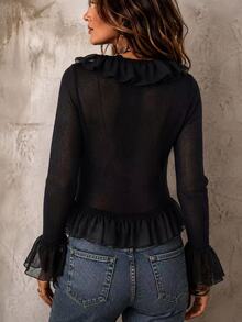 Omancia Women's Solid Color Patchwork Ruffle Front Tie Fashion Thin Cardigan - Black - View 4