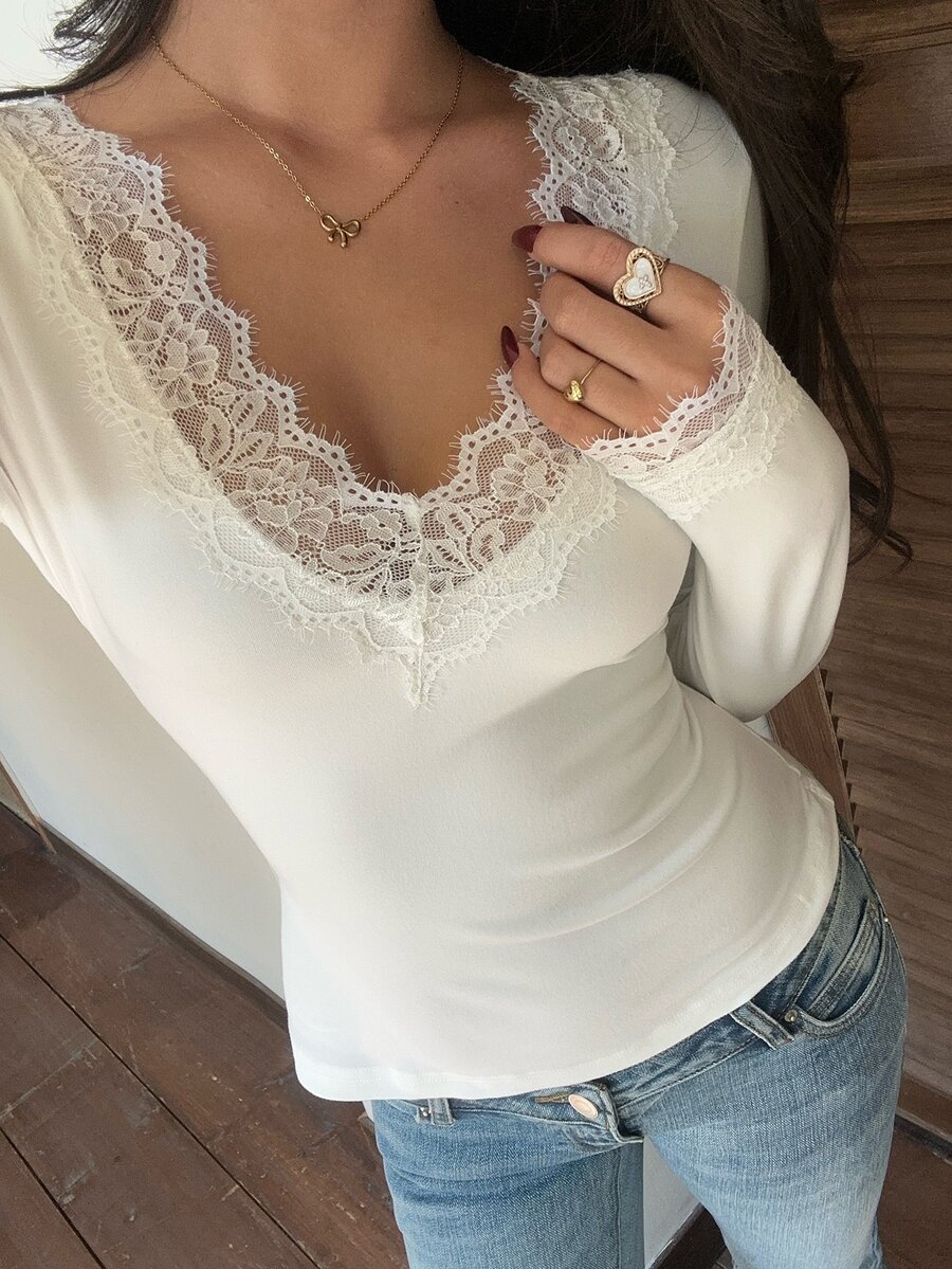 CovetEZ Women's Lace Patchwork Fitted Versatile Daily Brunch Long Sleeve T-Shirt White Autumn Romantic Elegant - White - View 1